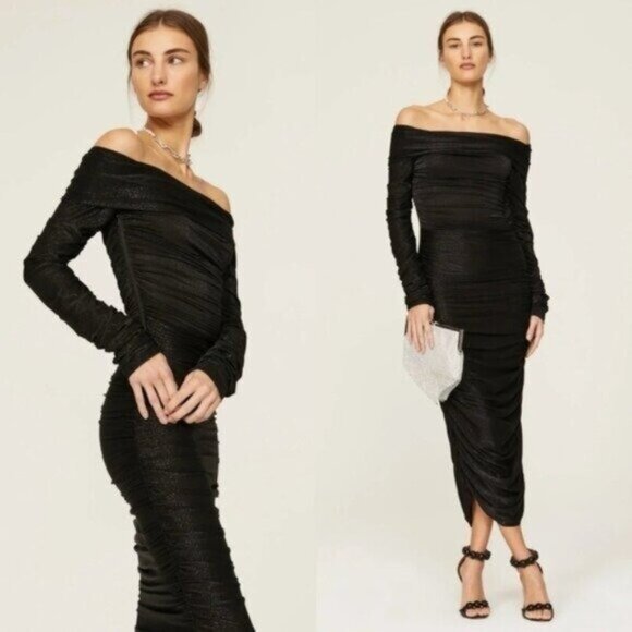 Bronx and Banco Amara Strapless Linen Midi Dress L Black Ruched Sparkle - Picture 1 of 10